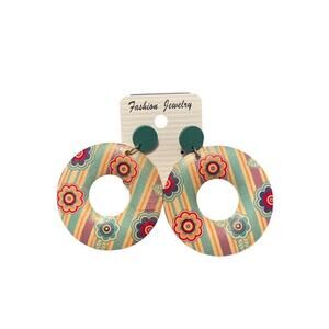 FASHION JEWELRY CIRCLE PLASTIC EARRING WITH FLOWERS AND STRIPES